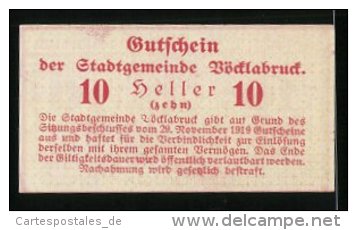 Billet De Nécessité Vöcklabruck 1919, 10 Heller, Stadtwappen - Oesterreich