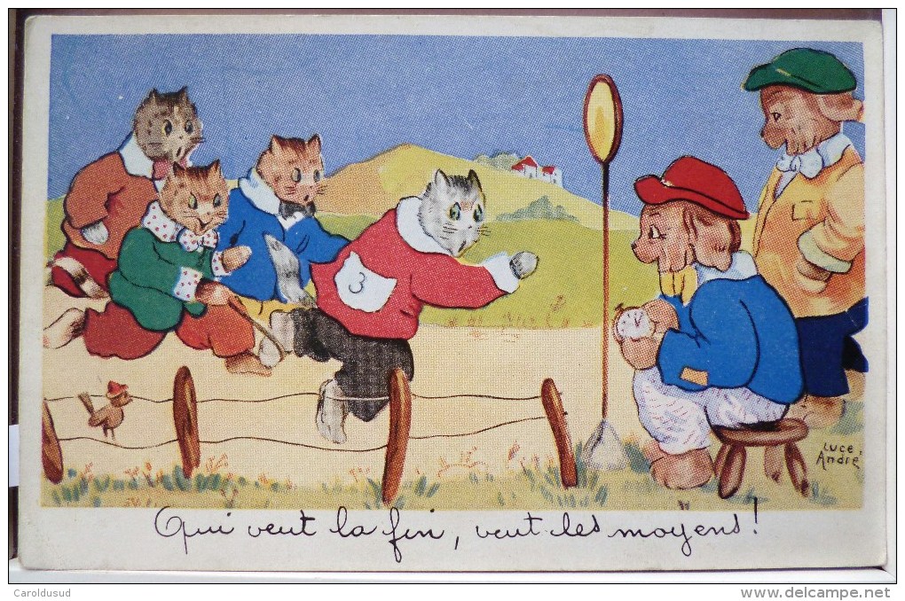 Cp Litho Chromo Illustrateur Luce André Superluxe Chats Chat Humanisé Course Chrono Ligne Arrivée +- 1945 - Dressed Animals