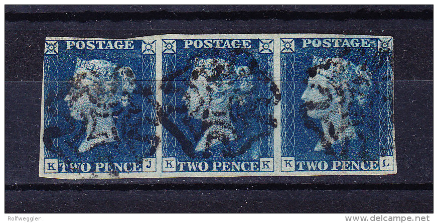 SG #2 - Two Pence Blue 3er Streifen Gestempelt Platte 1 Schwarzen Malteserkreuzen Attest K. Louis - Gebraucht