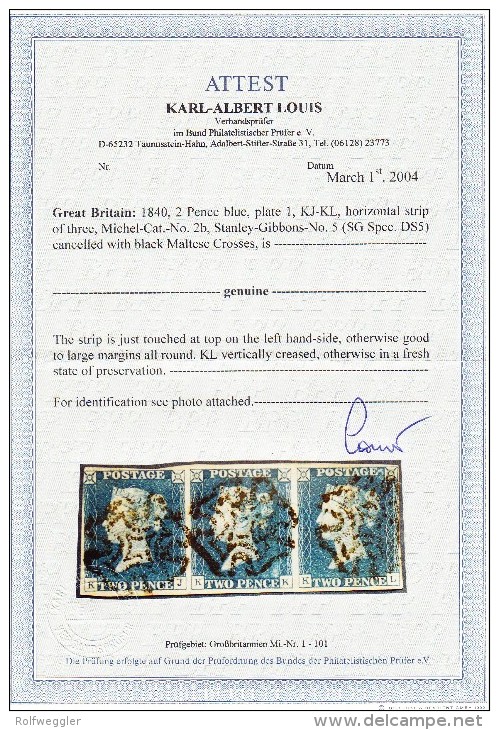 SG #2 - Two Pence Blue 3er Streifen Gestempelt Platte 1 Schwarzen Malteserkreuzen Attest K. Louis - Used Stamps