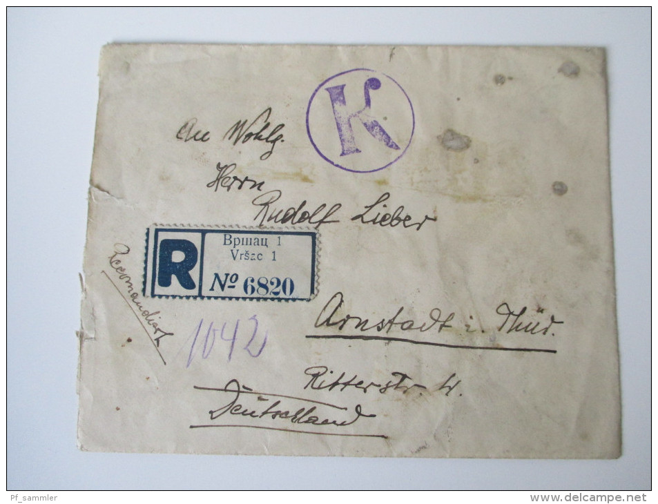 Jugoslawien / Serbien 1923 R-Brief Nach Deutschland Vrsac - Arnstadt. Rekomandiert. Stempel: K - Covers & Documents