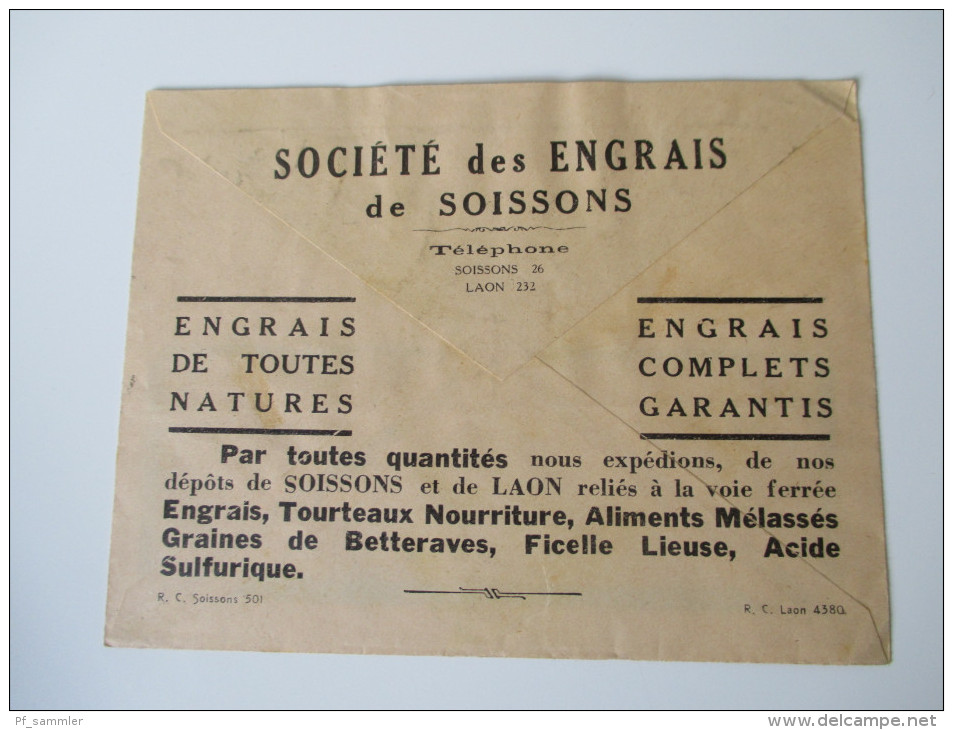 Brief Frankreich Dreifarben Frankatur 1938 Societe Des Engrais De Soissons (Aisne) - Briefe U. Dokumente