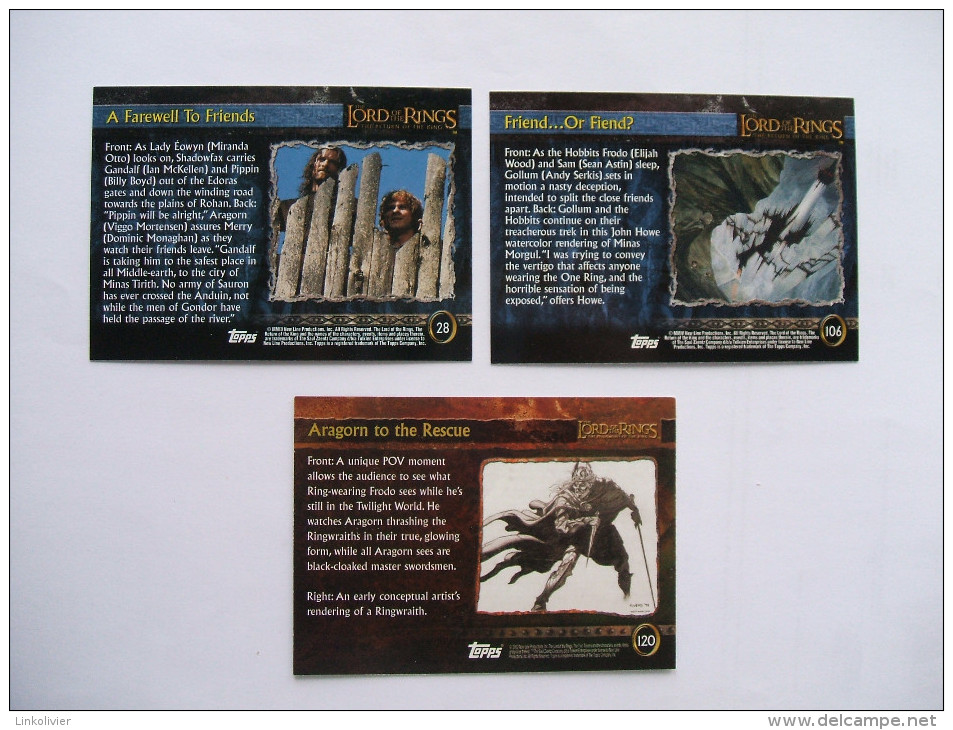 3 Cartes THE LORD OF THE RINGS Le Seigneur Des Anneaux N° 28, 106 Et 120 - Eowyn, Aragorn, Gollum - Topps Trading Cards - Herr Der Ringe