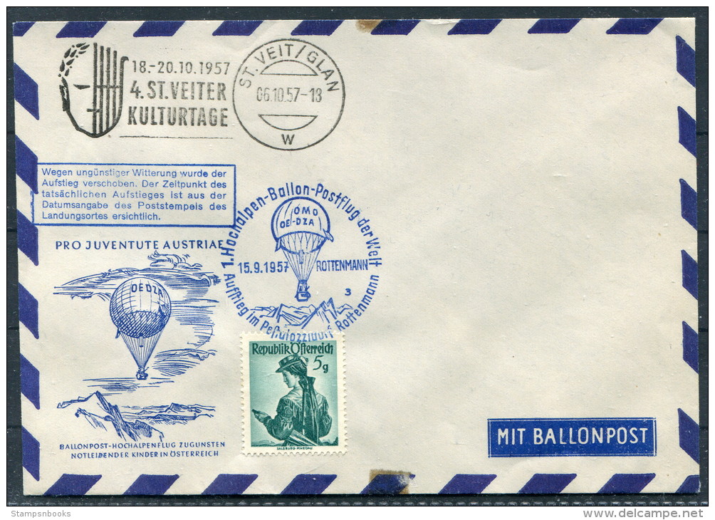 1957 Austria St Veiter Kulturetage Pro Juventute Ballonpost Charity Flight Cover - Other (Air)