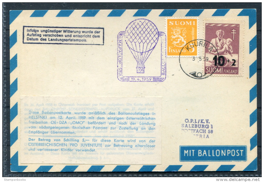 1959 Finland Pro Juventute Ballonpost Charity Flight Postcard / Österreich Sonderballonpost Finnland - Covers & Documents