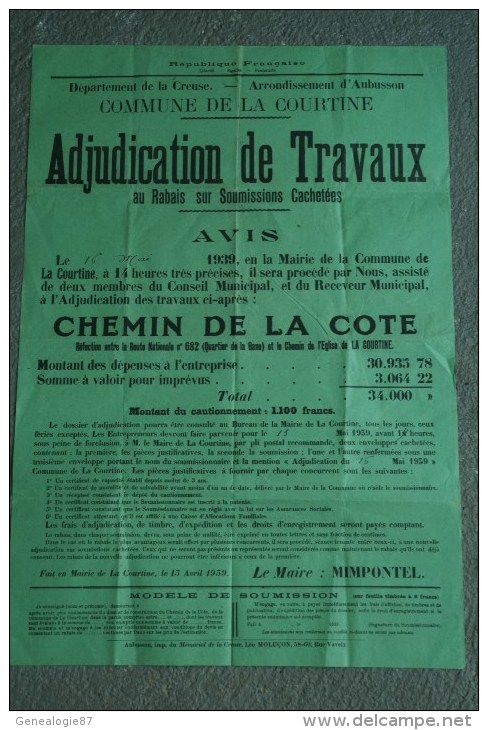 23 - LA COURTINE - BELLE AFFICHE ADJUDICATION TRAVAUX 16 MAI 1939- CHEMIN DE LA COTE ET  DE L' EGLISE - MAIRE -MIMONTEL - Posters