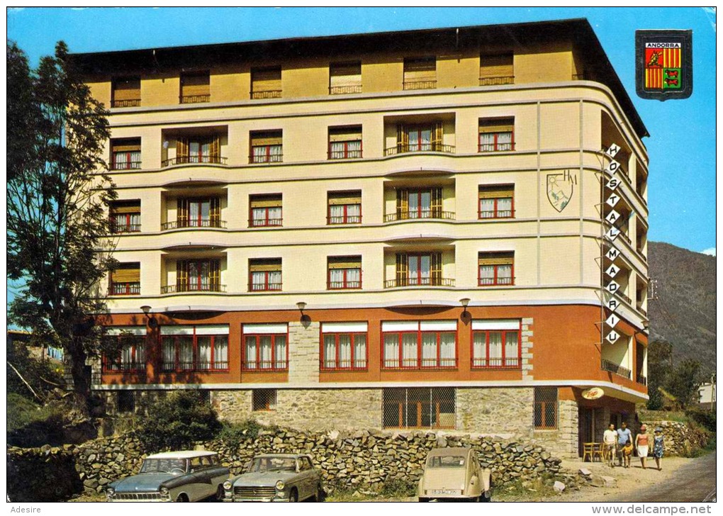 ANDORRA 1965? - Schöne Frankierung Auf Ak Valls D'Andorra, Les Escaldes Hostal Matriu, Alte Autos Vor Hotel - Sonstige & Ohne Zuordnung