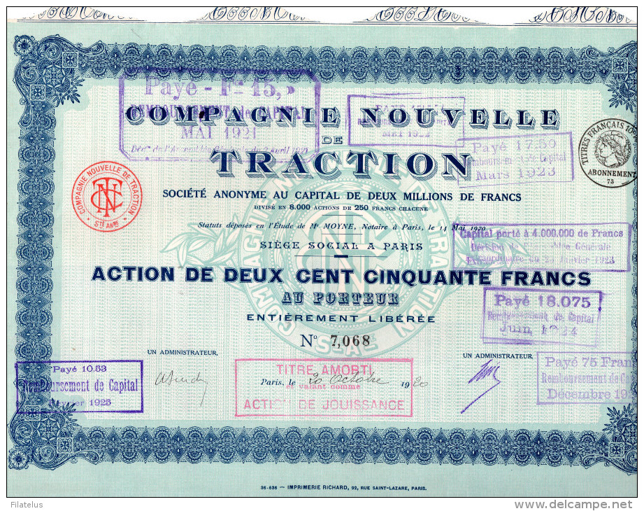 COMPAGNIE NOUVELLE DE TRACTION-ACTION DE DEUX CENT CINQUANTE  FRANCS-SIE'GE SOCIAL A PARIS - Transporte