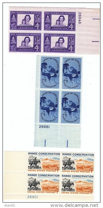 #1152, 1155, 1176, Mother Daughter, Employ Handicapped, Range Conservation, 3 Plate # Blocks Of 4-cent Stamps - Plate Blocks & Sheetlets
