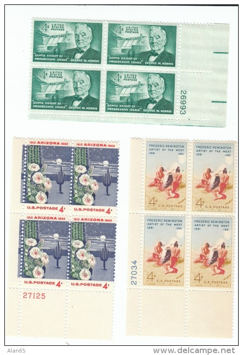 #1184, 1187, 1192, Senator Norris, Remington Artist, Arizona Statehood, 3 Plate # Blocks Of 4-cent Stamps - Numéros De Planches