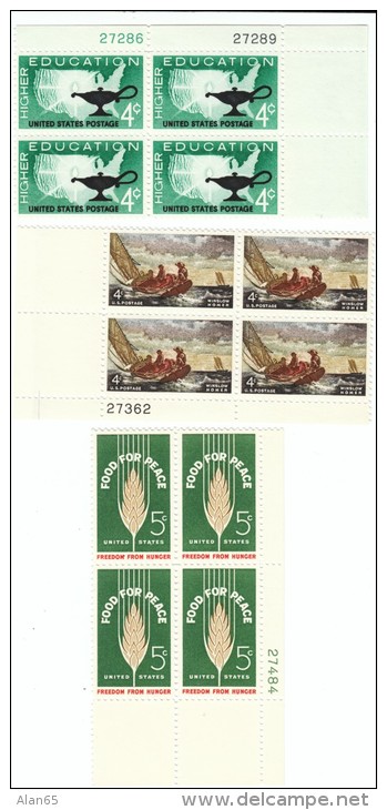 #1206, 1207, 1231, Education, Artist Winslow Homer, Food For Peace, 3 Plate # Blocks Of 4- And 5-cent Stamps - Plattennummern