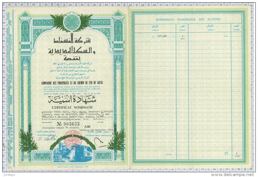 Cie Des Phosphates Et Du Chemin De Fer De Gafsa, Tunisie, Certificat Nominatif - Ferrocarril & Tranvías