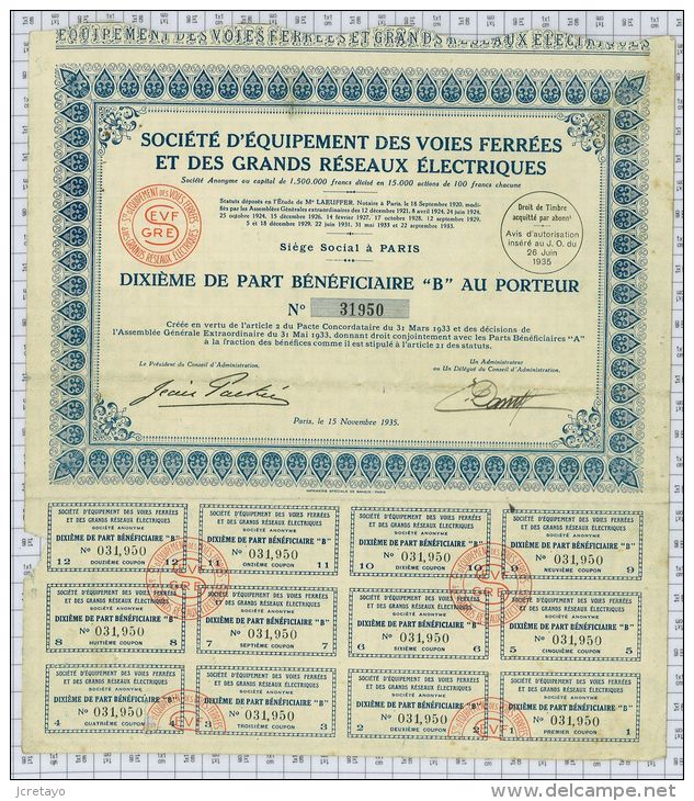 Sté D'équipement Des Voies Ferrées Et Des Grands Réseaux électriques, Part Bénéficiaire - Ferrocarril & Tranvías