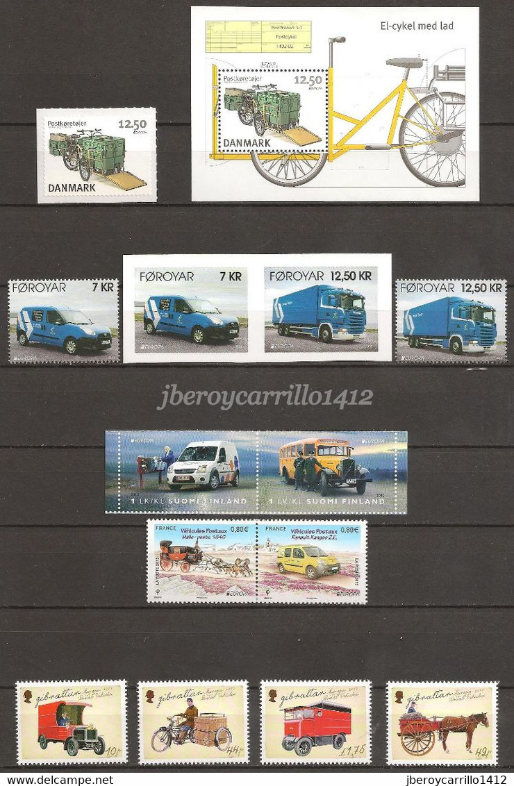 EUROPA 2013- “LOS VEHICULOS POSTALES"- COLECCIÓN  COMPLETA DE SELLOS y HOJITAS BLOQUE.-TEMÁTICA OFICIAL EMITEN 65 PAÍSES