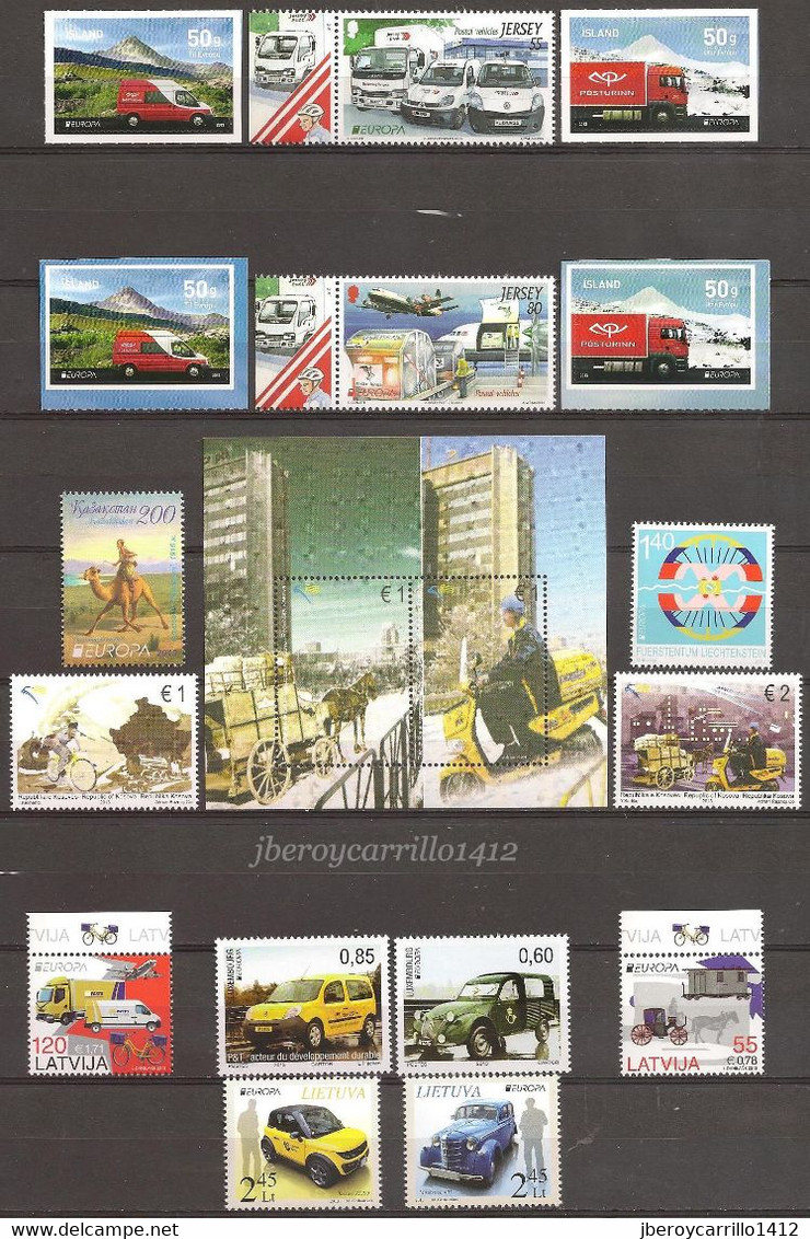 EUROPA 2013- “LOS VEHICULOS POSTALES"- COLECCIÓN  COMPLETA DE SELLOS y HOJITAS BLOQUE.-TEMÁTICA OFICIAL EMITEN 65 PAÍSES