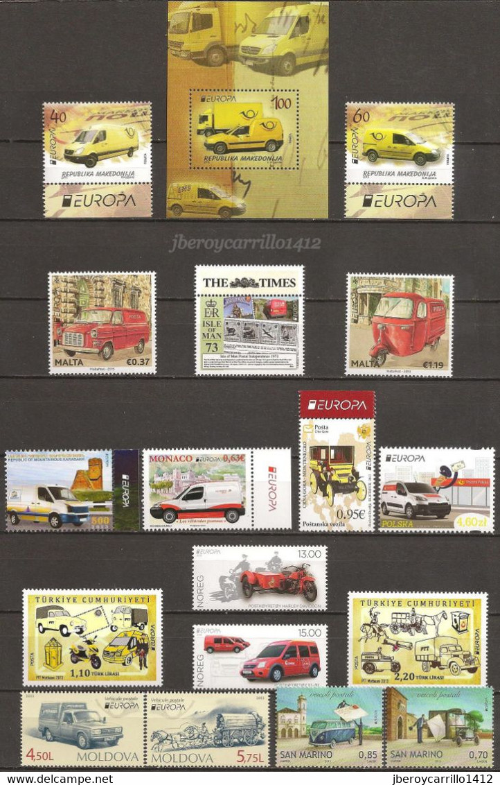 EUROPA 2013- “LOS VEHICULOS POSTALES"- COLECCIÓN  COMPLETA DE SELLOS y HOJITAS BLOQUE.-TEMÁTICA OFICIAL EMITEN 65 PAÍSES