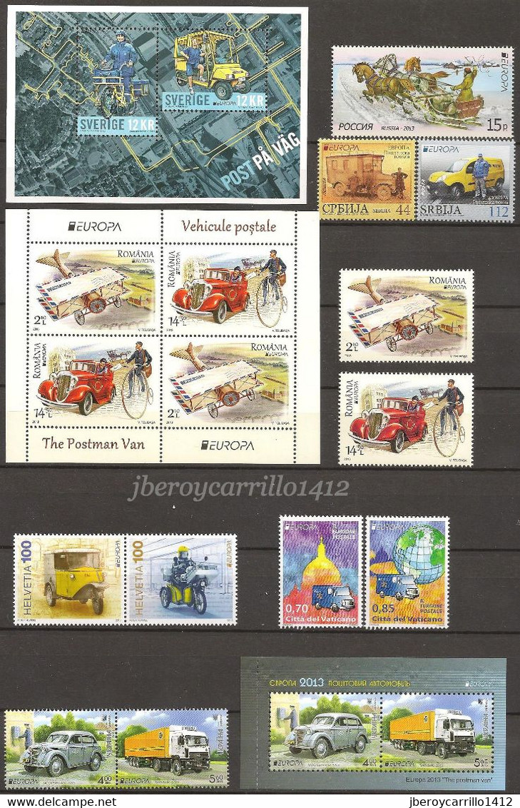 EUROPA 2013- “LOS VEHICULOS POSTALES"- COLECCIÓN  COMPLETA DE SELLOS y HOJITAS BLOQUE.-TEMÁTICA OFICIAL EMITEN 65 PAÍSES