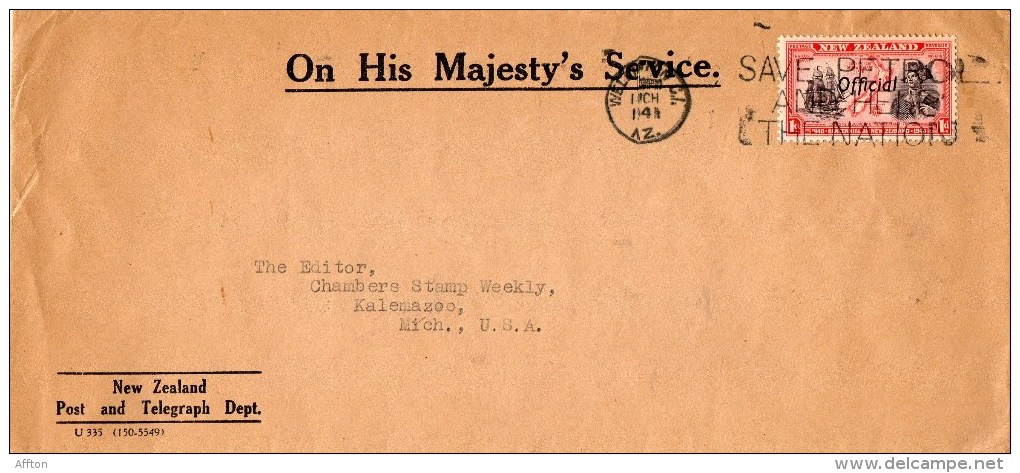 New Zealand 1941 OHMS Cover Mailed To USA - Covers & Documents