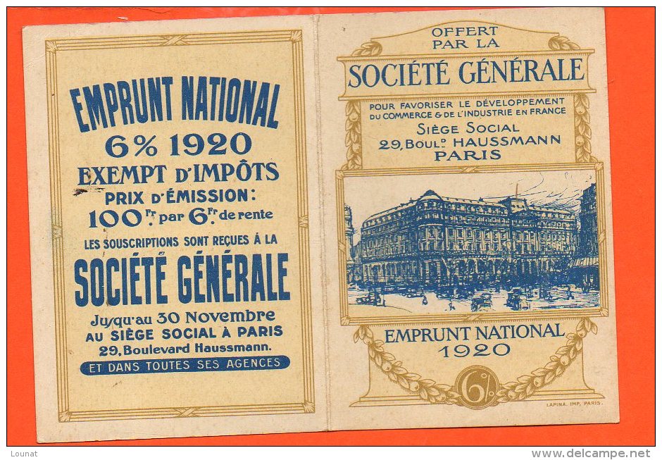 Calendrier Petit Format - Année 1920  - Publicité Société Générale - Siège Social , 29 Boulevard Haussmann PARIS - Petit Format : 1901-20
