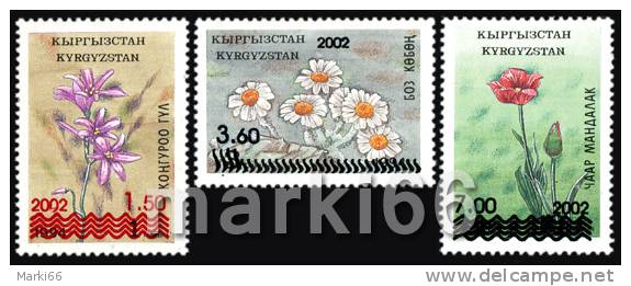 Kyrgyzstan - 2002 - Flowers - New Values Overprint On 1994 Issue - Mint Definitive Stamp Set - Kirgisistan