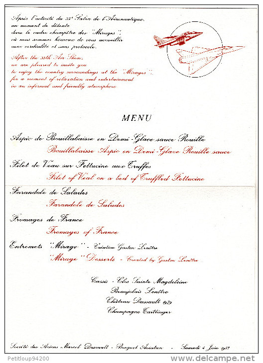 MENU  35e SALON DE L'AERONAUTIQUE   Société Des Avions Marcel Dassault-Breguet Aviation  JUIN 1983 - Menus