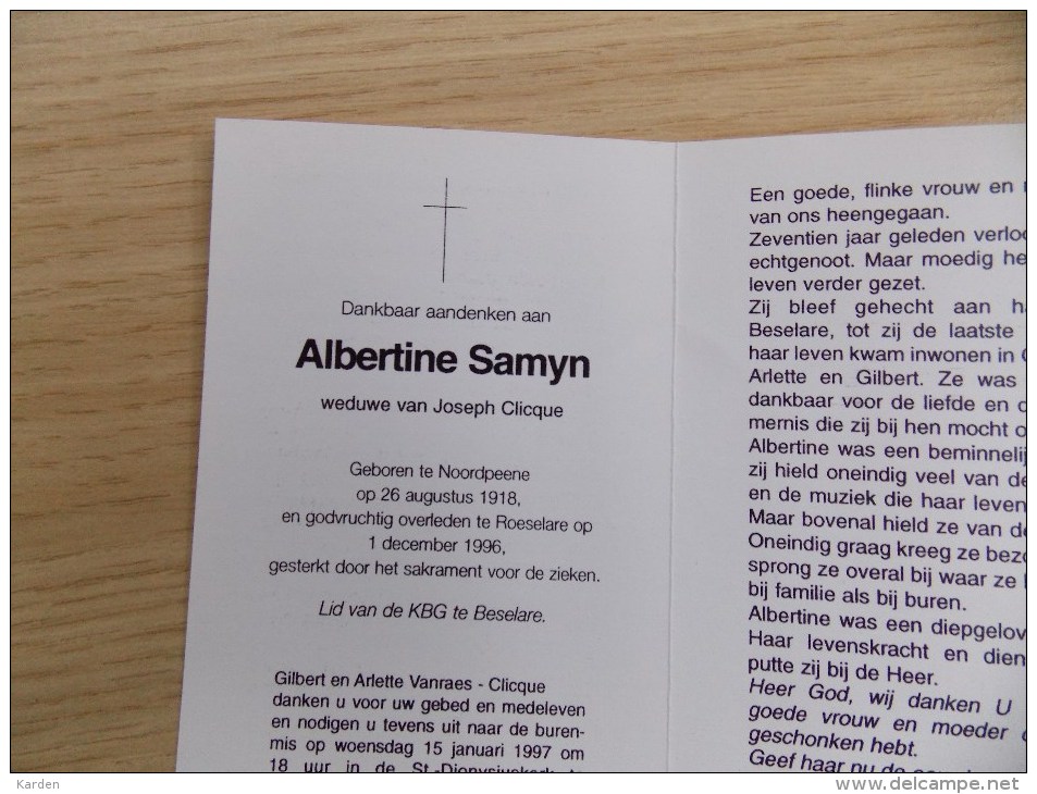 Doodsprentje Albertine Samyn Noordpeene 26/8/1918 Roeselare 1/12/1996 ( Joseph Clicque ) - Religión & Esoterismo