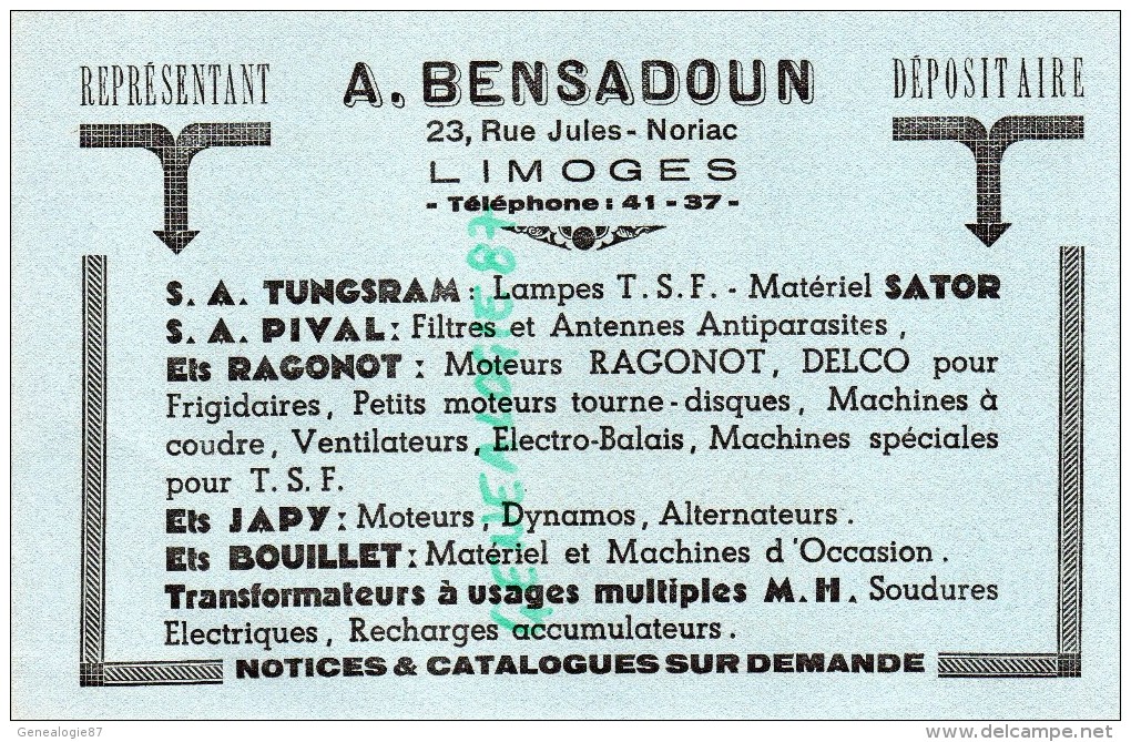 87 - LIMOGES - A. BENSADOUN 23 RUE JULES NORIAC- REPRESENTANT LAMPES TSF- RAGONOT- PIVAL- JAPY-BOUILLET - Sonstige & Ohne Zuordnung