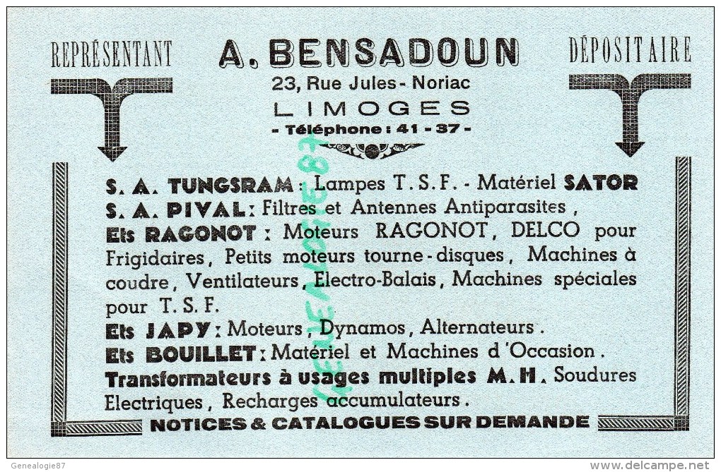 87 - LIMOGES - A. BENSADOUN 23 RUE JULES NORIAC- REPRESENTANT LAMPES TSF- RAGONOT- PIVAL- JAPY-BOUILLET - Autres & Non Classés