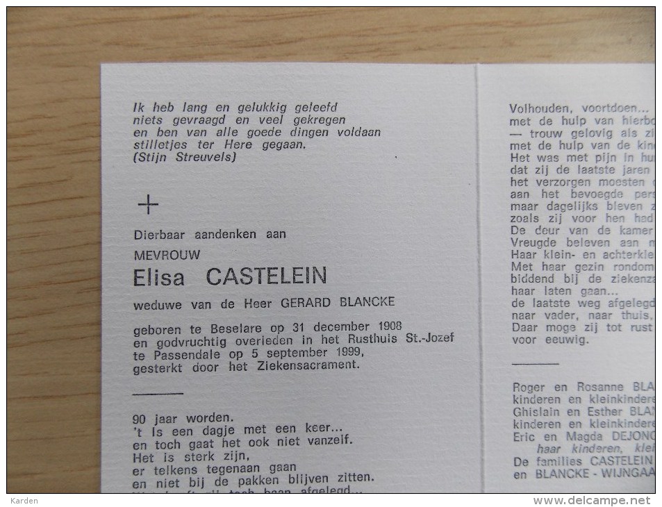 Doodsprentje Elisa Castelein Beselare 31/12/1908 Passendale 5/9/1999 ( Gerard Blancke ) - Religion & Esotericism