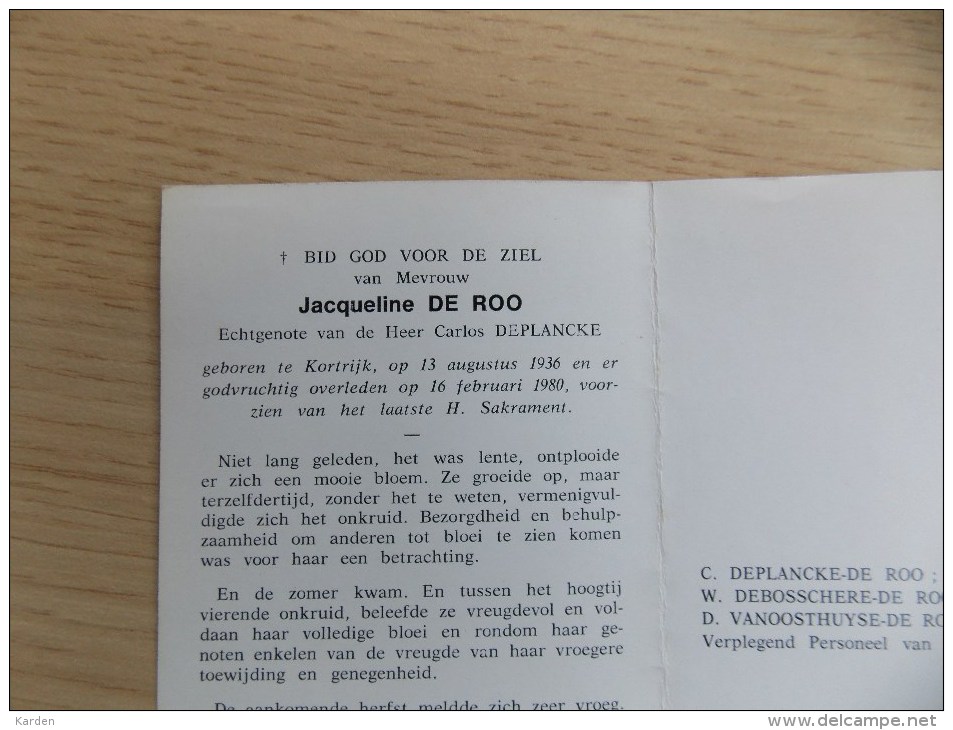 Doodsprentje Jacqueline De Roo Kortrijk 13/8/1936 - 16/2/1980 ( Carlos Deplancke ) - Religione & Esoterismo