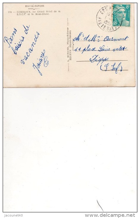 Combloux 74  Le Grand Hotel De La SNCF Carte Ecrite Le 1/9/1951 - Autres & Non Classés