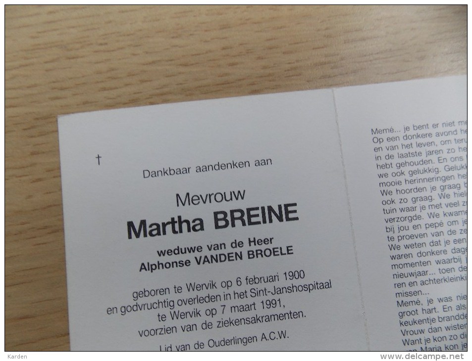 Doodsprentje Martha Breine Wervik 6/2/1900 - 7/3/1991 ( Alphonse Vanden Broele ) - Religione & Esoterismo