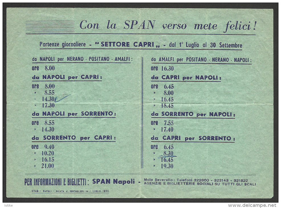 Italy, Boat Timetable Capri, Napoli, Sorrento, 1965. - Europa