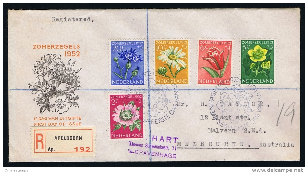Netherlands  FDC E9 1952 Closed Flap Registered To Australia, Arr. Cancels - FDC