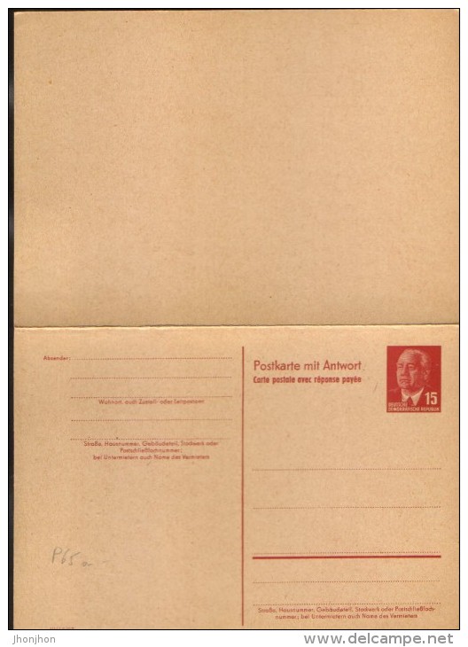 Germany/DDR- Stationery Postcard With Paid Answer ,unused - P65a,15 Pf,karmin- 2/scans - Postales - Nuevos