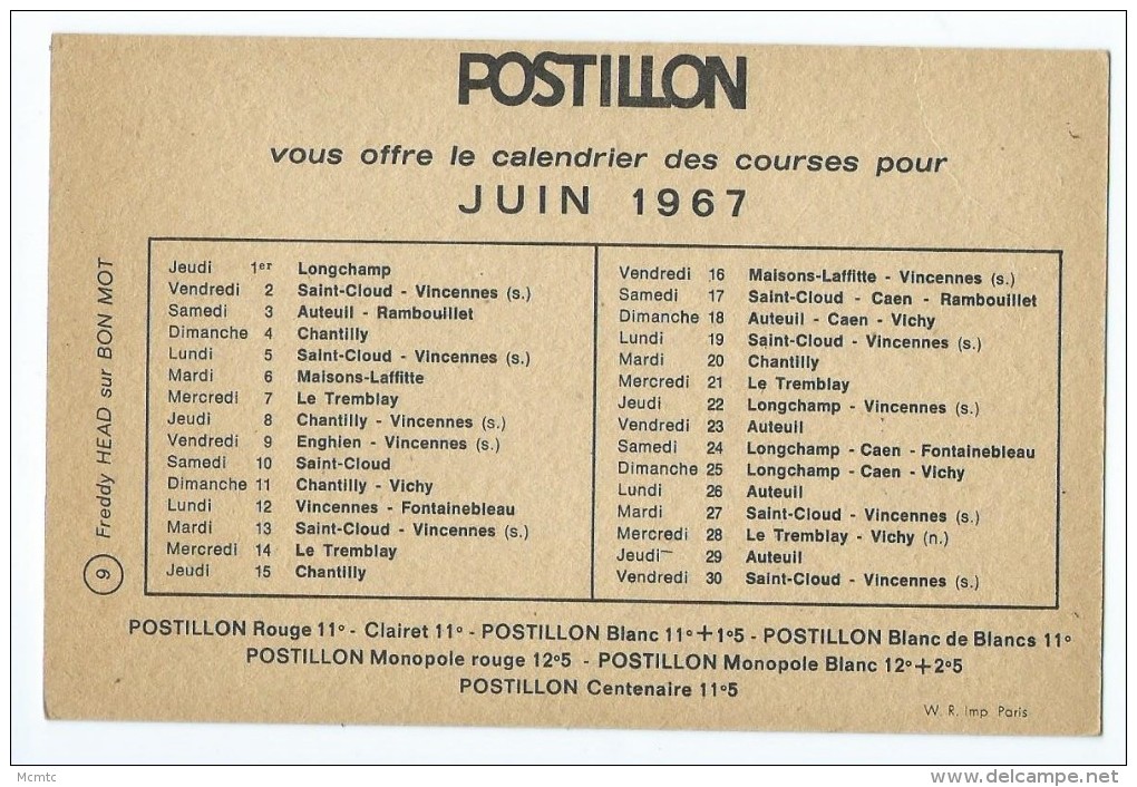 CPA  - Postillon Vous Offre Le Calendrier Des Courses Pour Juin 1967 - Freddy HEAD Sur BON MOT - Autres & Non Classés