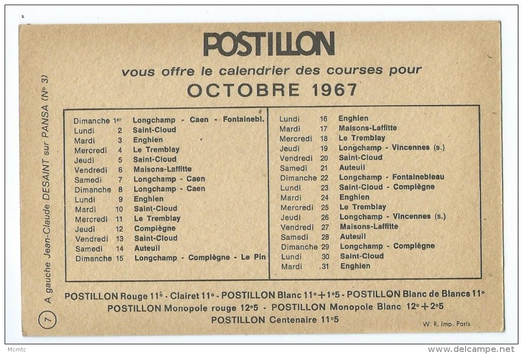 Postillon Vous Offre Le Calendrier Des Courses Pour Octobre 1967 -JEAN CLAUDE DESAINT Sur PANSA (à Gauche) - Andere & Zonder Classificatie