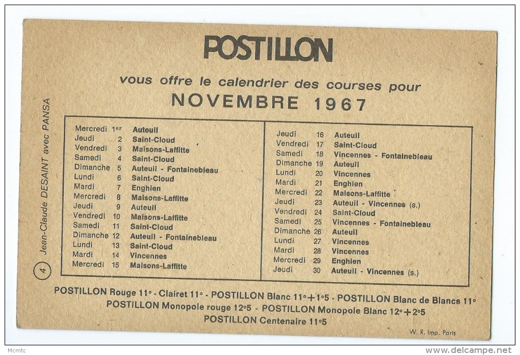 Postillon Vous Offre Le Calendrier Des Courses Pour Novembre 1967 -JEAN CLAUDE DESAINT Sur PANSA - Autres & Non Classés