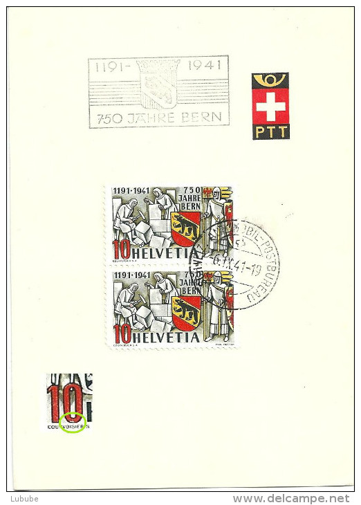 PTT Bögli  "Sonderstempel  "750 Jahre Bern"  (Abart)          1941 - Storia Postale