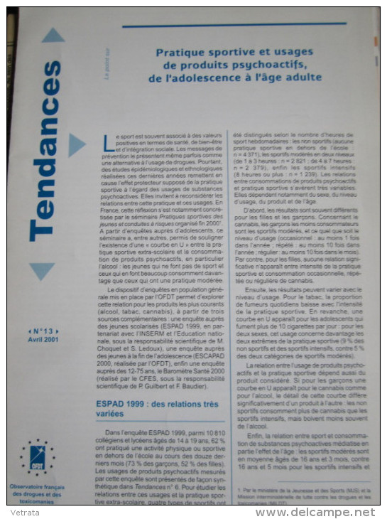 Tendances N° 13 (plaquette 6 Pages De L'Observatoire Français Des Drogues & Des Toxicomanies) : Pratiques Sportives & Us - Medicina & Salud