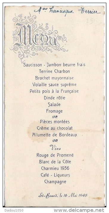 Menu   ,ST Benoit  Le 16 Mai 1948 - Menus