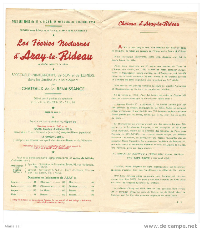 AZAY LE RIDEAU  Prospectus  Les Fééries Nocturnes 1954 - Publicités
