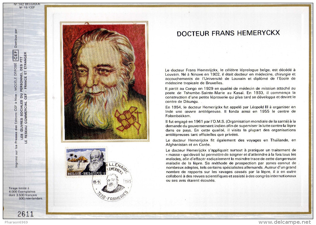 Feuillet Tirage Limité CEF 142 18 1778 Docteur Frans Hemeryckx - 1971-1980
