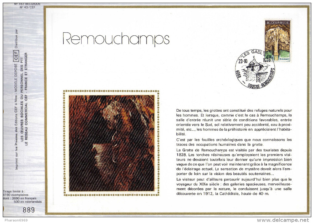 Feuillet Tirage Limité CEF 167 43 1833 Grottes De Remouchamps - 1971-1980