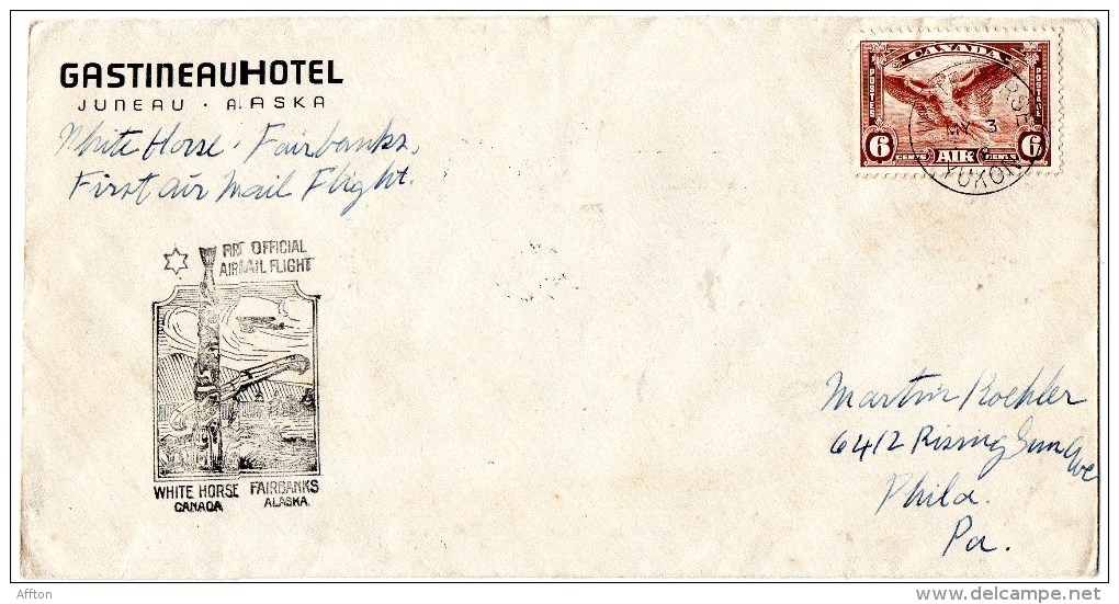White Horse To Fairbank 1938 First Flight Air Mail Cover Mailed To USA - Airmail
