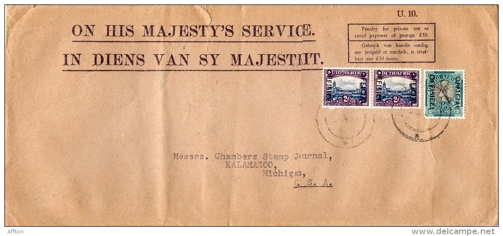 South Africa OHMS Cover Mailed To USA - Dienstmarken