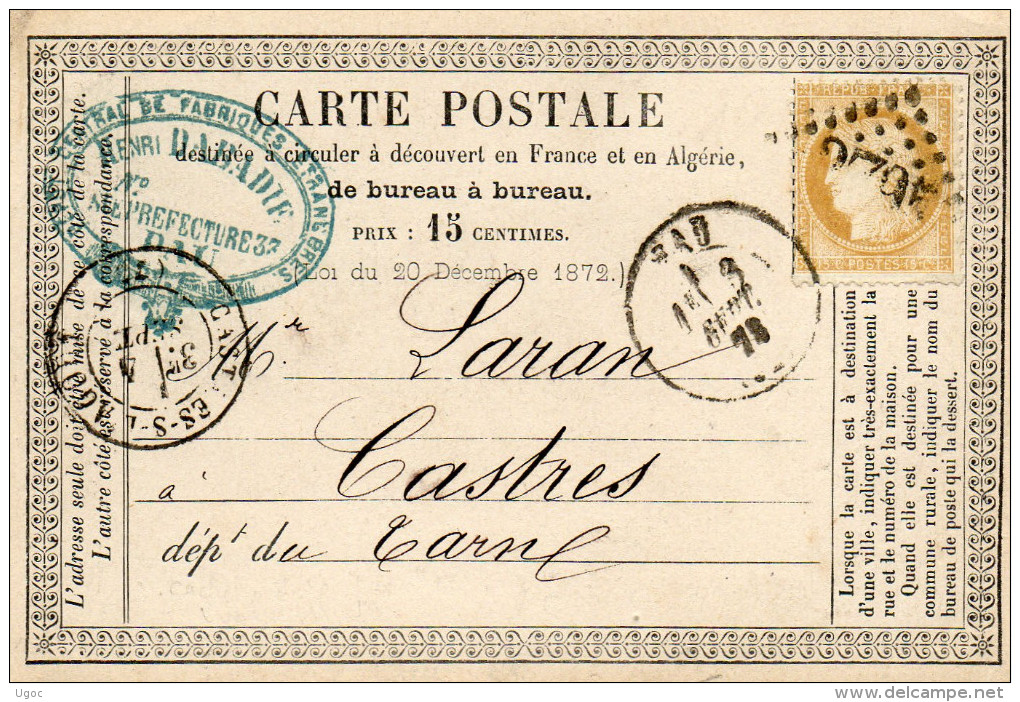 - Cérès 15c. Bistre 1873 Sur Carte De PAU à CASTRES - 196 - 1871-1875 Ceres