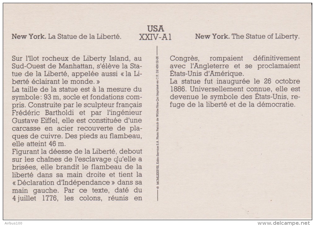 NEW YORK - La Statue De La Liberté - Texte Explicatif Au Verso - 2 Scans - - Vrijheidsbeeld