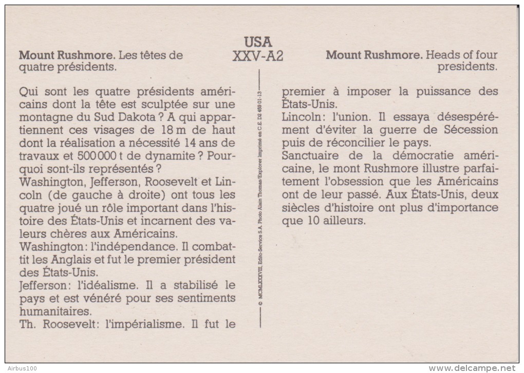 USA - Mount Rushmore - Les Têtes Des 4 Présidents - Texte Explicatif Au Verso - 2 Scans - - Mount Rushmore