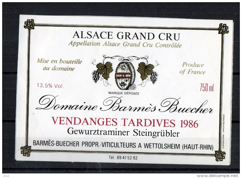 GEWURZTRAMINER - Vendanges Tardives   (Etiquette Collée Sur Feuille D´expo) - Gewurztraminer